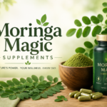 Moringa Magic supplements jar with fresh green moringa leaves on a light background
