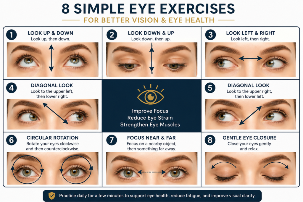 Woman practicing daily eye exercises by covering her eyes with her palms to relieve screen-related eye strain
