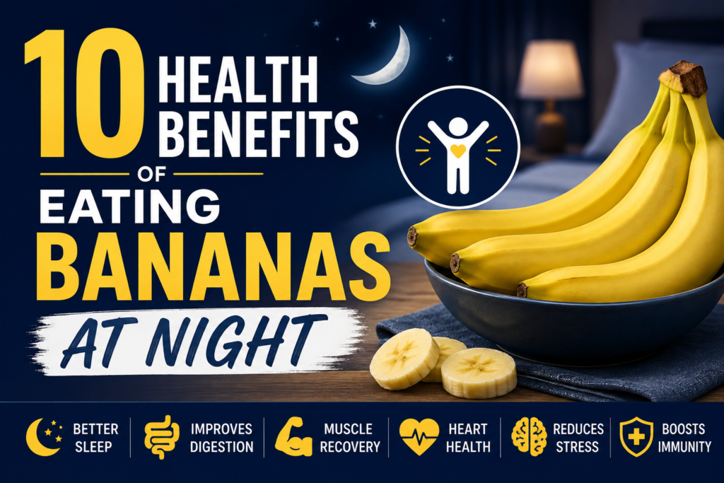 Bananas at night on a wooden table before bedtime