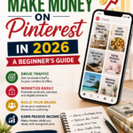 Flat-lay of a laptop showing a Pinterest board next to a notebook and coffee, illustrating how to make money on Pinterest
