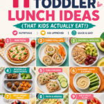 Healthy toddler lunch idea bento box with cut fruit, cheese cubes, veggies, and mini sandwich for picky eaters