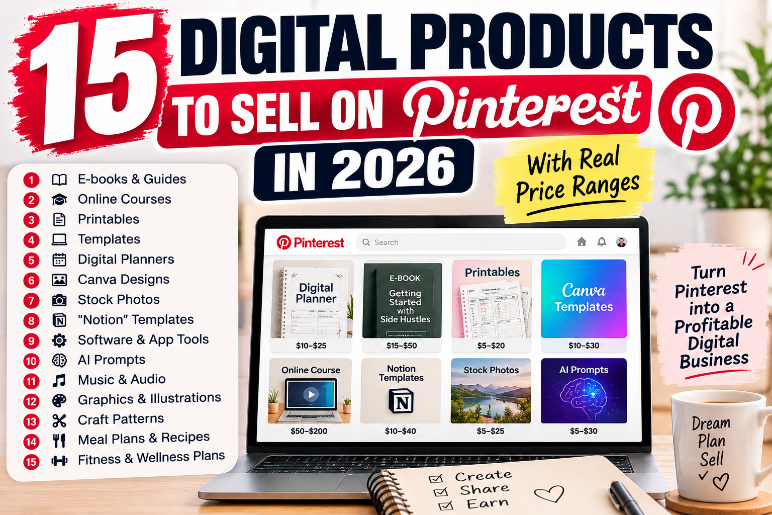 Top 15 Digital Products to Sell on Pinterest in 2026 (With Real Price Ranges)
