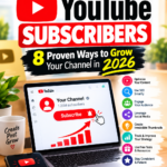 Guide on how to get free YouTube subscribers showing a rising subscriber count and growth arrow